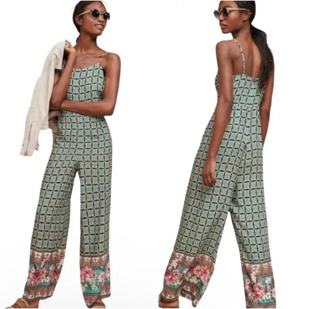 Farm Rio Anthropologie Wide Leg‎ Honolulu Jumpsuit Small Boho Tile Floral EUC